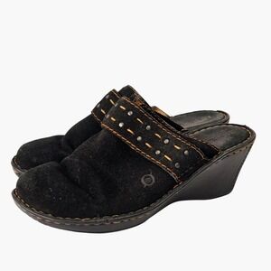 Born Suede Studded Wedge Mules Womens 10 Black Slip On Clogs Boho Comfort
